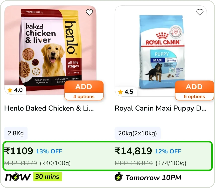 Two redesigned product cards side by side, with their prices on the same line, highlighted.